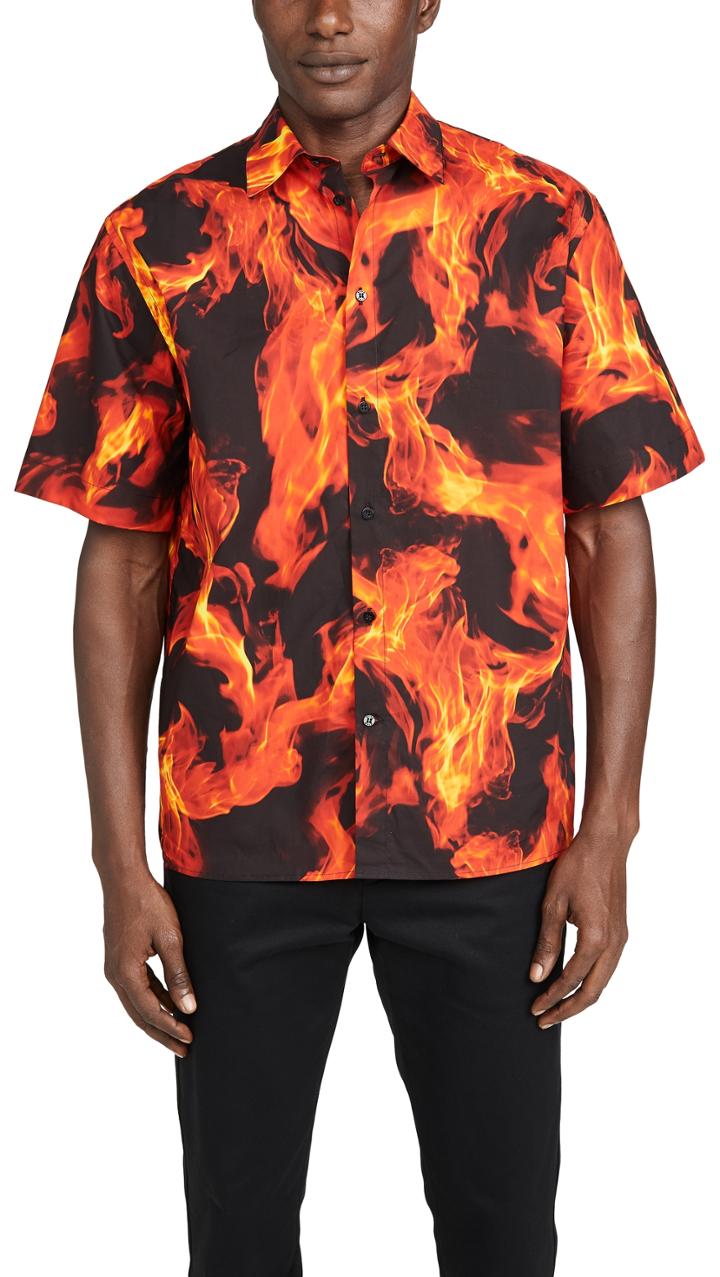 Msgm Flames Short Sleeve Button Down Shirt