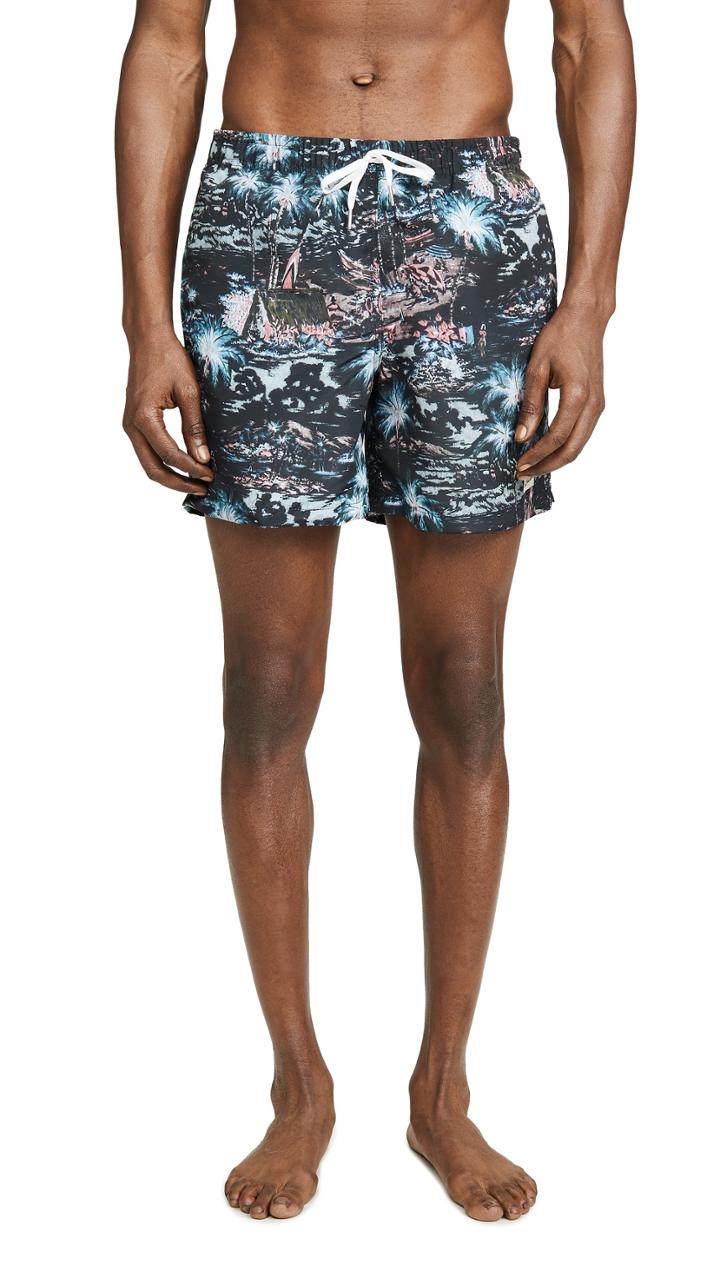 Bather Midnight Hawaii Print Swim Trunks