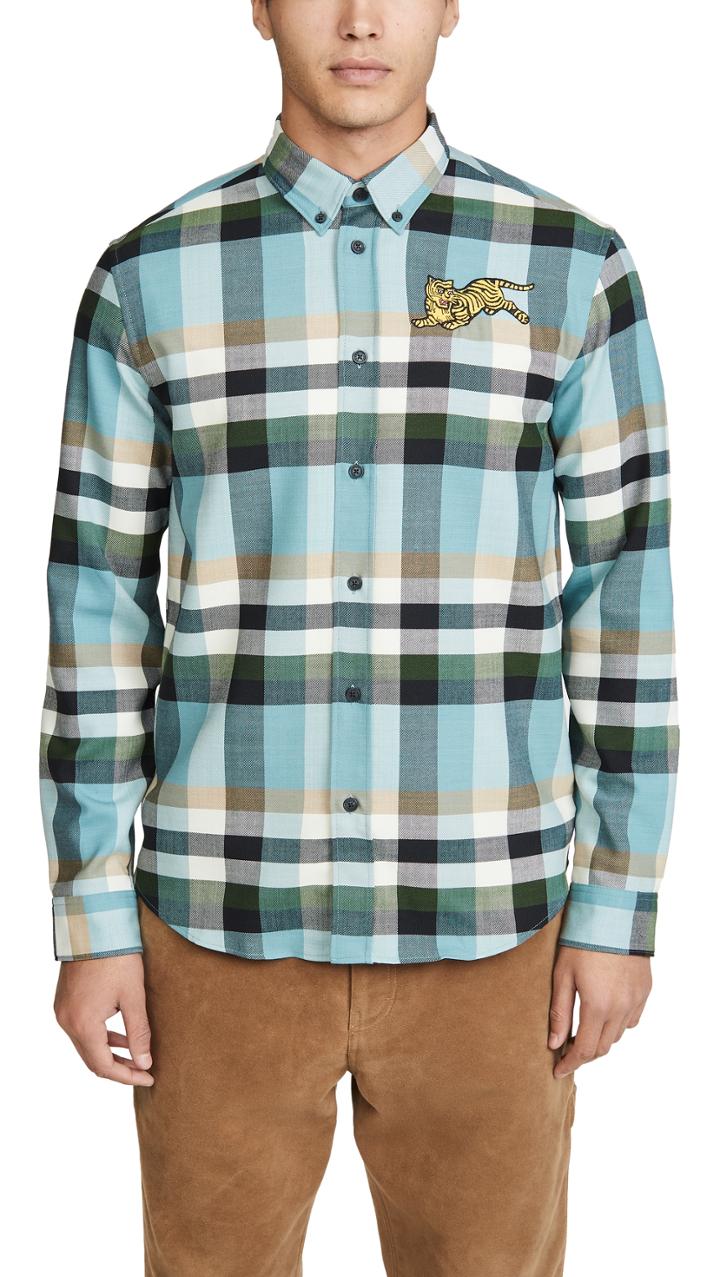 Kenzo Jumping Tiger Crest Plaid Button Down Shirt