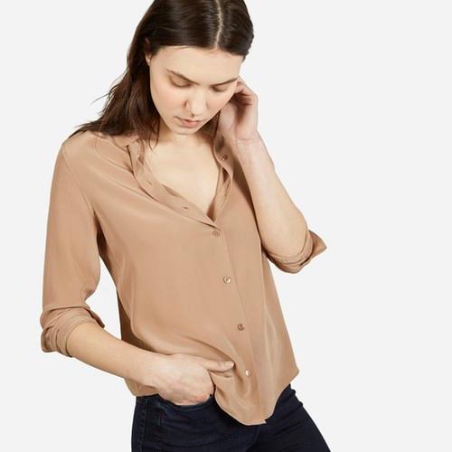 Everlane Women's Silk Round Collar Long-sleeve - Warm Tan