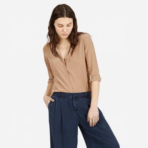 Everlane Women's Silk Point Collar Long-sleeve - Warm Tan
