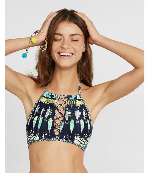 Express Womens Feather Print Lace-up Bikini