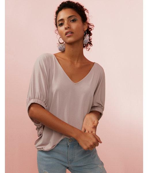 Express Womens Solid V-neck Oversized Ruched Cuff Top