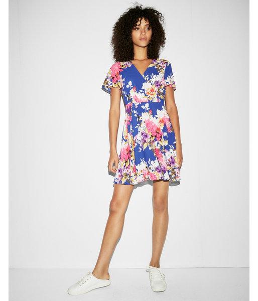 Express Womens Floral Surplice Fit And Flare Dress