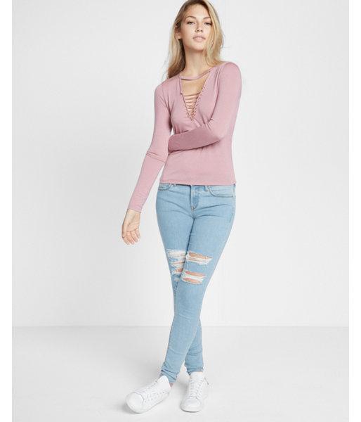 Express Long Sleeve Slash Front Choker Top