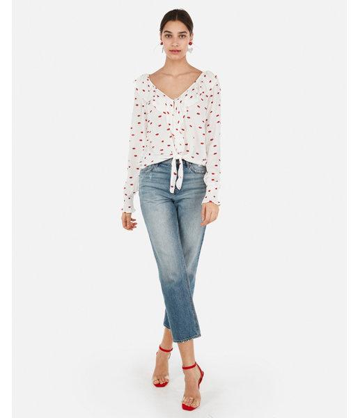 Express Womens Lip Print Tie Front Ruffle Cropped Top