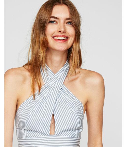 Express Womens Striped Cross Front Halter Neck Crop Top