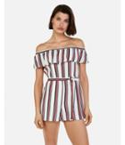 Express Womens Striped Off The Shoulder Ruffle Button Romper