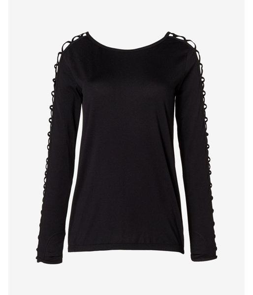 Express Womens Black Exp Core Long Sleeve Open Lattice Detail Tee