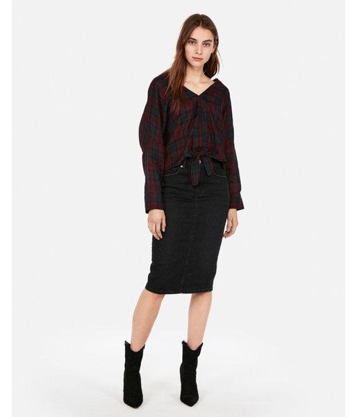 Express Womens Berry Plaid Tie Hem