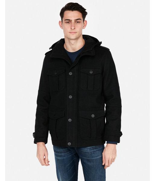 Express Mens Wool-blend Hooded Four-pocket Coat