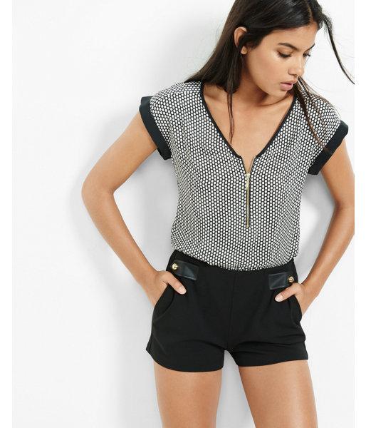 Express Womens Mesh Print Zip Front Blouse