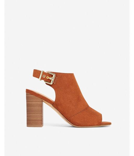 Express Womens Faux Suede Buckle Peep Toe Heeled Booties