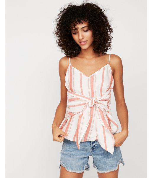 Express Womens Petite Striped Knot Front Linen-blend Cami