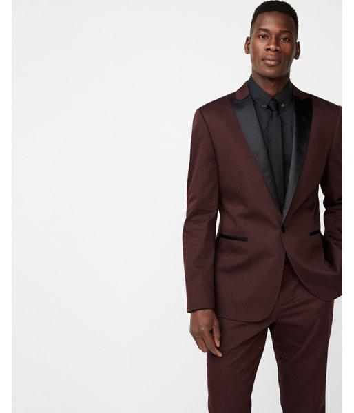 Express Mens Express Mens Slim Burgundy Satin Peak Lapel Cotton Sateen Tuxedo Jacket