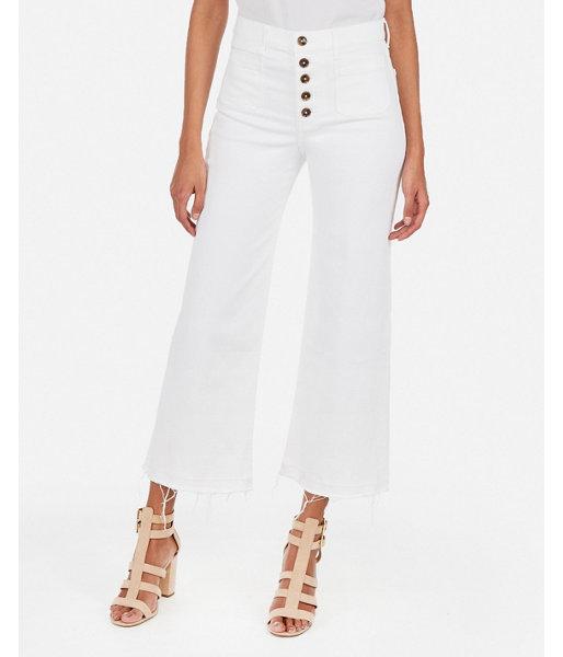 Express Womens Express Womens High Waisted Wide Leg White Cropped Button Front Raw Hem