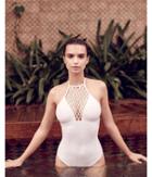 Express Womens White Macrame High Crochet Neck One-piece