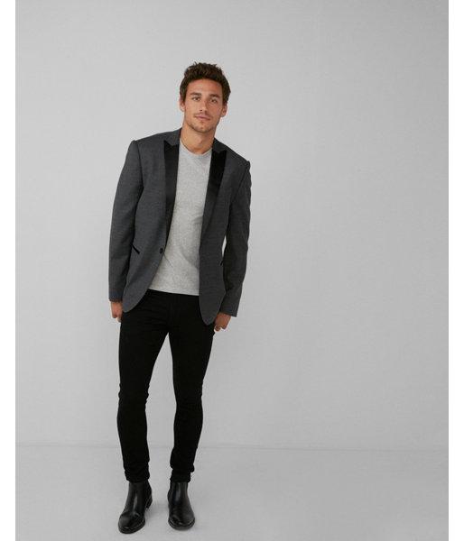 Express Mens Slim Gray Flannel Wool-blend Tuxedo Jacket