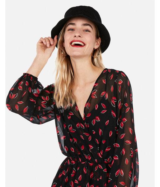 Express Womens Petite Printed Surplice Ruffle Front Romper