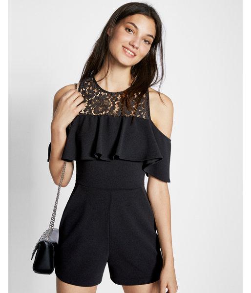 Express Womens Petite Cold Shoulder Lace Yoke Romper