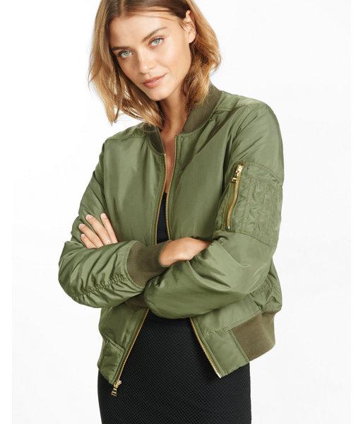 Express Womens Olive Puffer Bomber Jacket