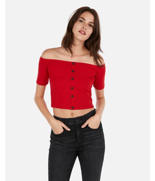 Express Womens Olivia Culpo Cropped Off The Shoulder Button Top