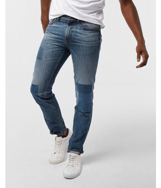 Express Mens Slim Medium Wash Patched 100% Cotton Jeans