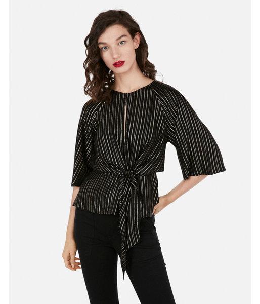 Express Womens Express Womens Metallic Striped Flutter Sleeve Cut-out Tie Front Blouse