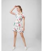 Express Womens Floral Surplice Flutter Sleeve Fit And Flare Dress