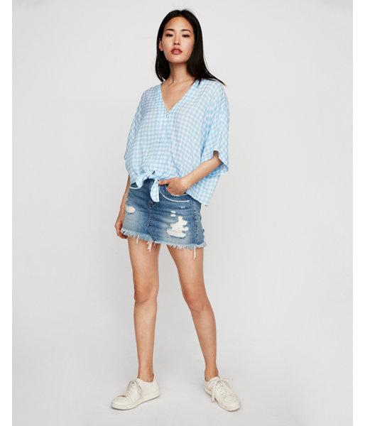 Express Womens Blue Gingham Short Sleeve Tie Front