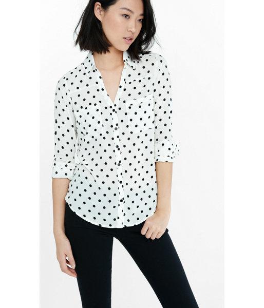 Express Women's Tops Slim Fit Black And White Polka Dot Portofino