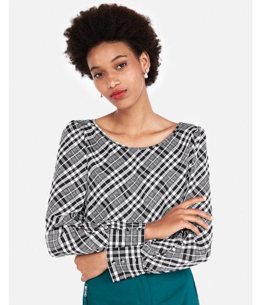 Express Womens Plaid Large Button-cuff Blouse