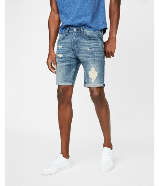 Express Mens Slim 9 Inch Light Wash Destroyed Stretch Denim
