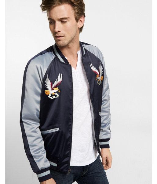 Express Mens Embroidered Eagle Souvenir Bomber Jacket