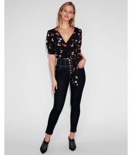 Express Womens Floral Puff Sleeve Tie Front Abbreviated Top