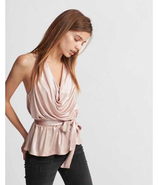 Express Womens Metallic Ruched Cowl Tank