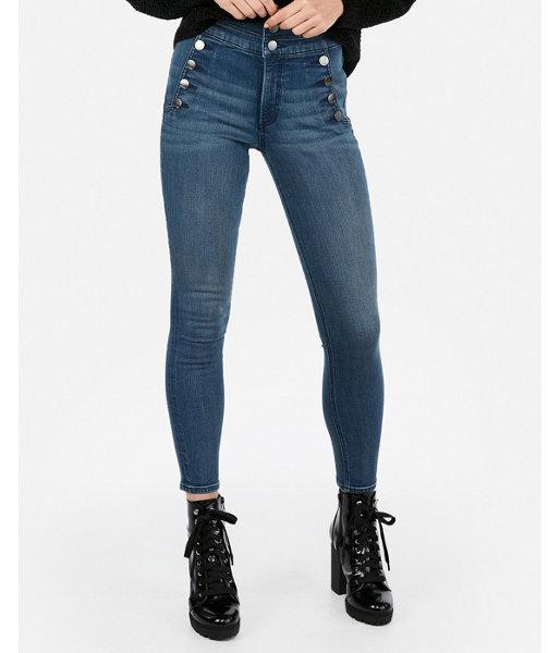 Express Womens Express Womens Super High Waisted Dark Wash Denim Perfect Button Accent Jeggings