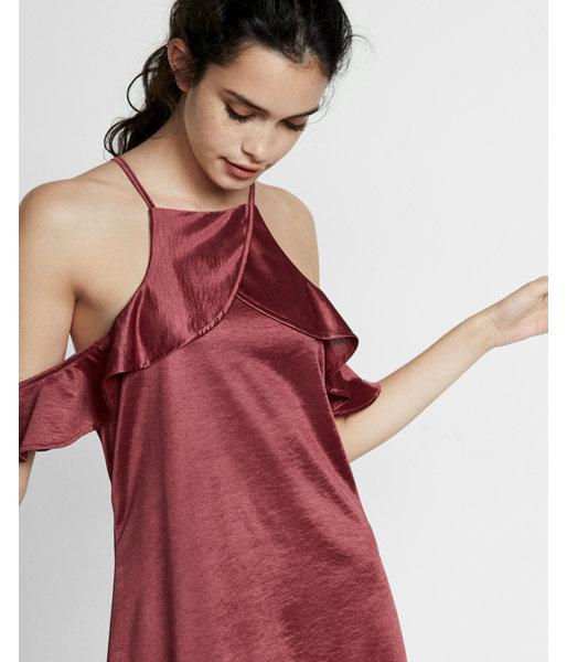 Express Womens Satin Ruffle Cold Shoulder Trapeze Dress