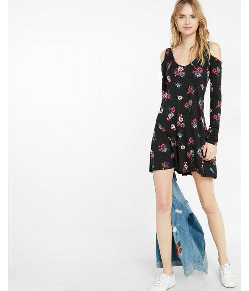 Express Womens Floral Print Cold Shoulder Long Sleeve Trapeze Dress