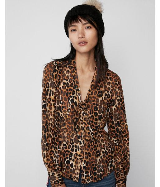 Express Womens Leopard Fitted Tie Neck