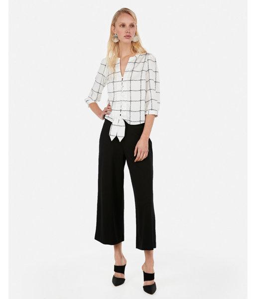 Express Womens Windowpane Three-quarter Sleeve Tie Front
