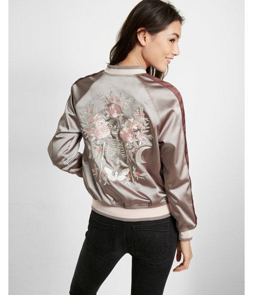 Express Embroidered Satin Skeleton Reversible Bomber Jacket