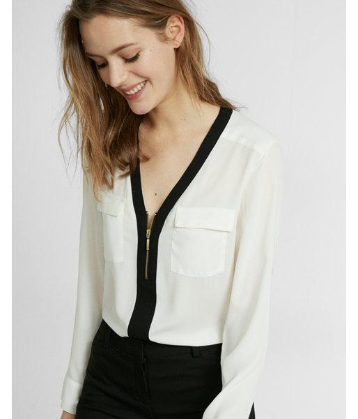 Express Womens Piped Long Sleeve Zip Front Blouse
