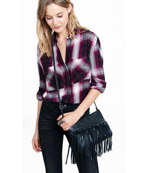 Express Women's Shirts Studded Shoulder Berry Plaid Oversized