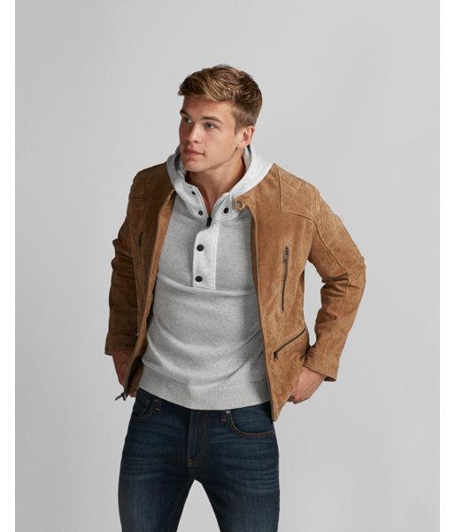 Express Mens Genuine Suede Leather Quilted Biker Jacket