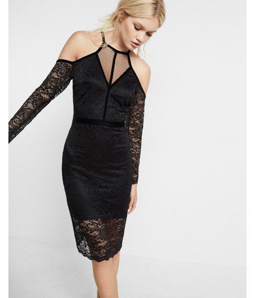 Express Womens Petite Lace Velvet Piped Cold Shoulder Dress