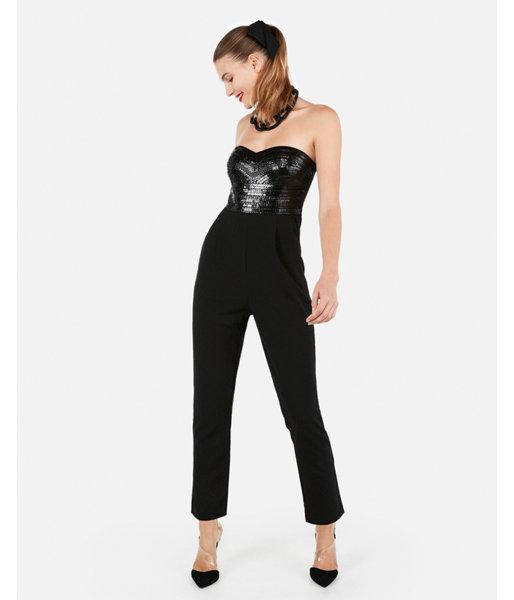 Express Womens Sweetheart Neck Sequin Jumpsuit