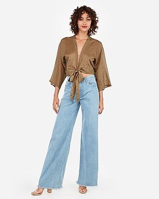 Express Womens Shadow Striped Tie Front Crop Top