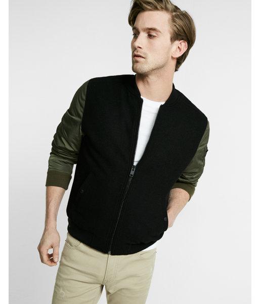 Express Mens Contrast Sleeve Wool Blend Bomber Jacket