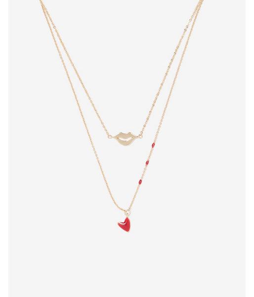 Express Womens Two Row Lip Heart Charm Necklace